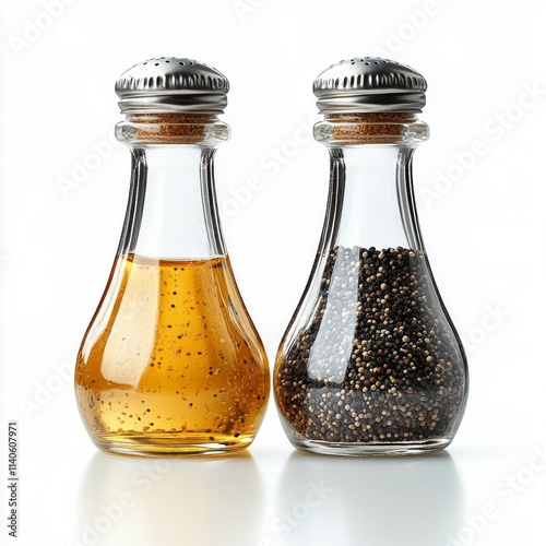Unique glass containers for spices filled with colorful seasonings and herbs