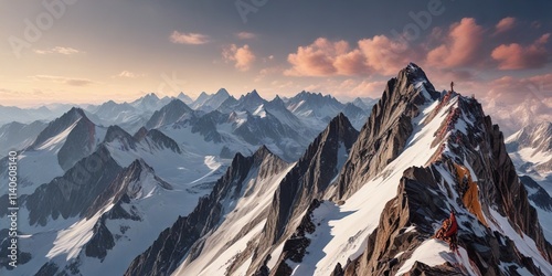 Panoramic view of alpinista on rocky summit ridge of Joderhorn , montagne, Macugnaga