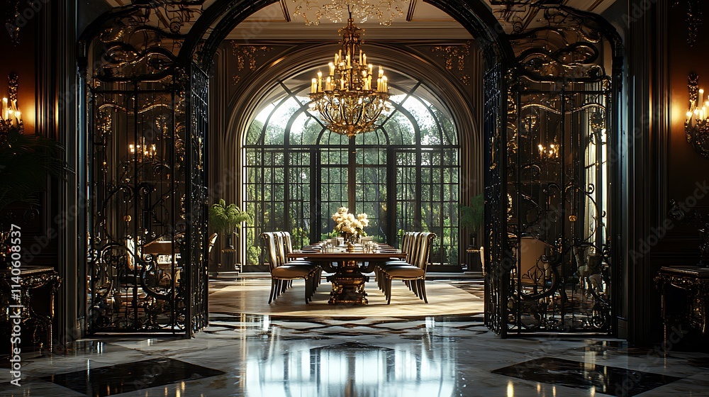 Fototapeta premium Tall black wrought iron gates with gold accents, opening into an elegant dining room with marble floors, a polished oak dining table, and towering candelabras under soft, ambient lighting. Majestic,