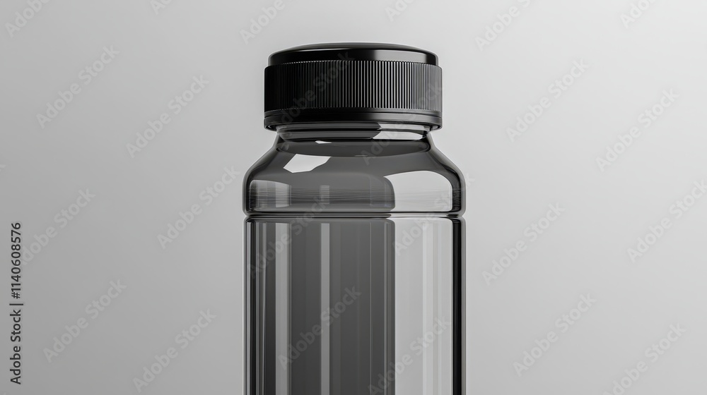 Minimalist black lid glass bottle on gray background focusing on modern packaging design Minimalist black lid glass bottle on gray background focusing on modern packaging design