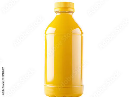 Yellow plastic bottle, container for household chemical liquids isolated on white, PNG transparent background