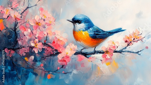 A Vibrant Oil Painting of a Blue and Orange Bird Perched on a Branch with Pink Flowers.