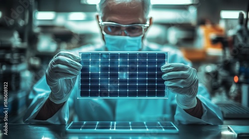 Scientist examines solar panel for quality control in modern laboratory envir...