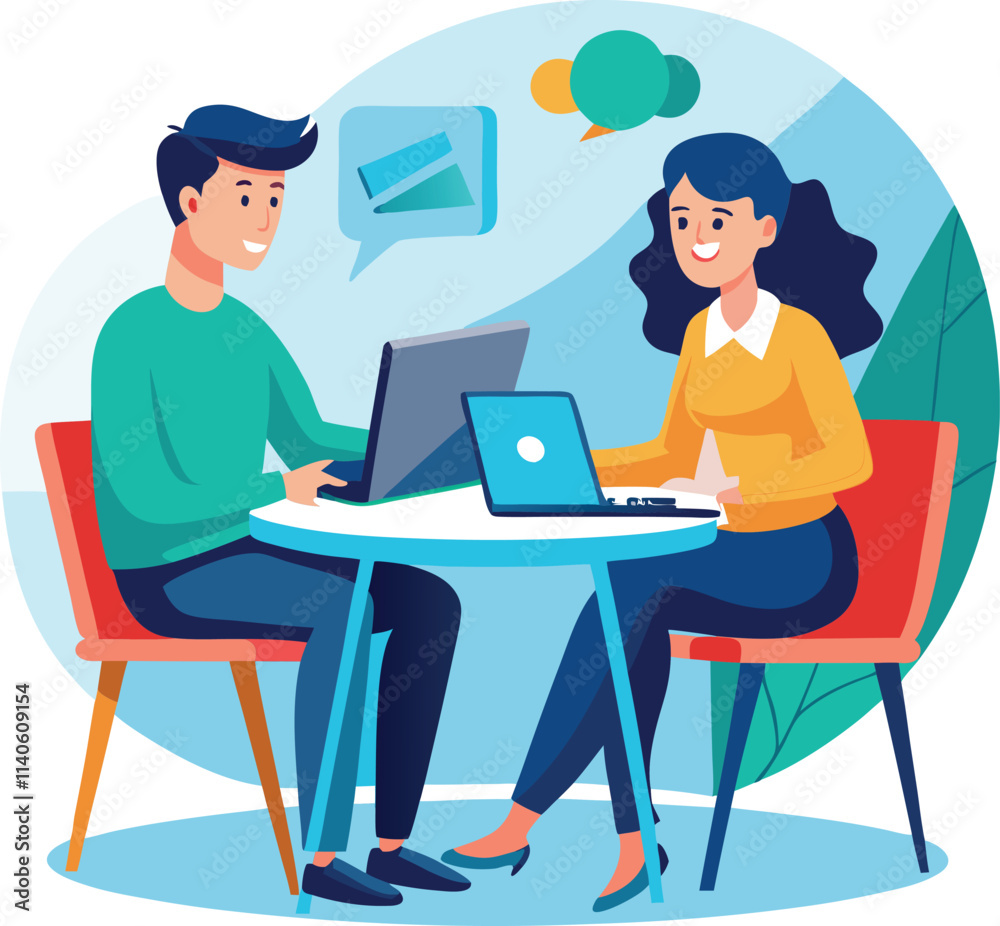 Partners meeting for business discussion with documents and laptop on desk. Couple at round table, speaking, discussing work, partnership. Flat vector on a white background Partners meeting for business discussion with documents and laptop on desk. Couple at round table, speaking, discussing work, partnership. Flat vector on a white background