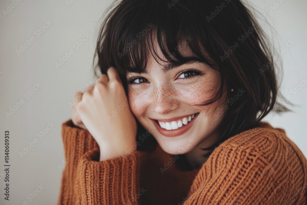 portrait of a woman with freckles wearing a knit sweater portrait of a woman with freckles wearing a knit sweater