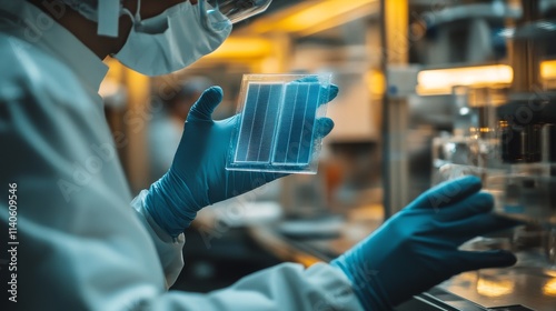 Scientist examines solar panel for quality control in modern laboratory envir...