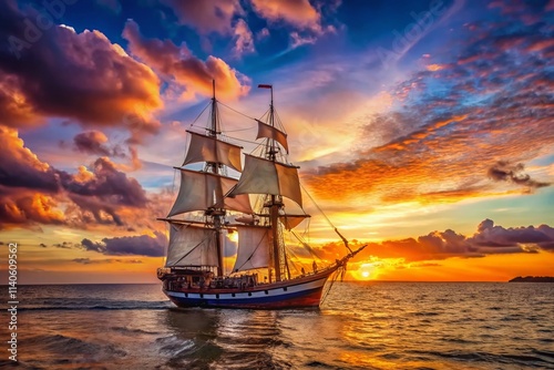 Panoramic Commodore Ship Sunset Ocean Coastal Retro Vintage Sailing Vessel