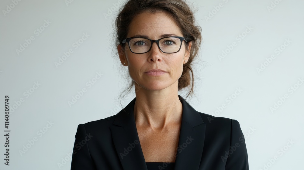 Elegant 40-year-old woman in a corporate suit, wearing glasses, with a serious yet confident look, standing against a white backdrop. Elegant 40-year-old woman in a corporate suit, wearing glasses, with a serious yet confident look, standing against a white backdrop.