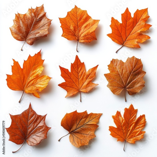 Colorful autumn leaves arranged in a grid showcasing various shapes and textures