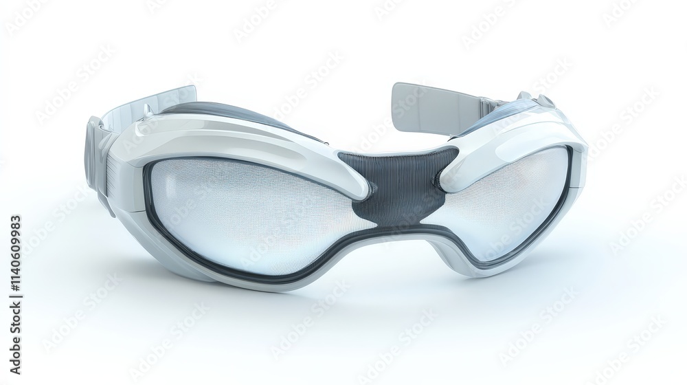 Futuristic white vr headset with transparent lenses on white background