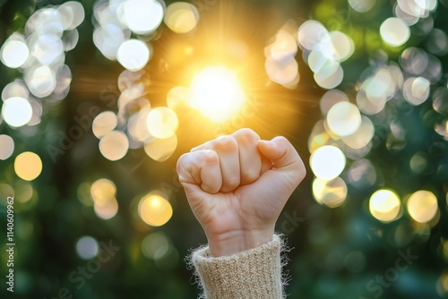 A raised fist catching sunlight, symbolizing strength, empowerment, and triumph over adversity. photo