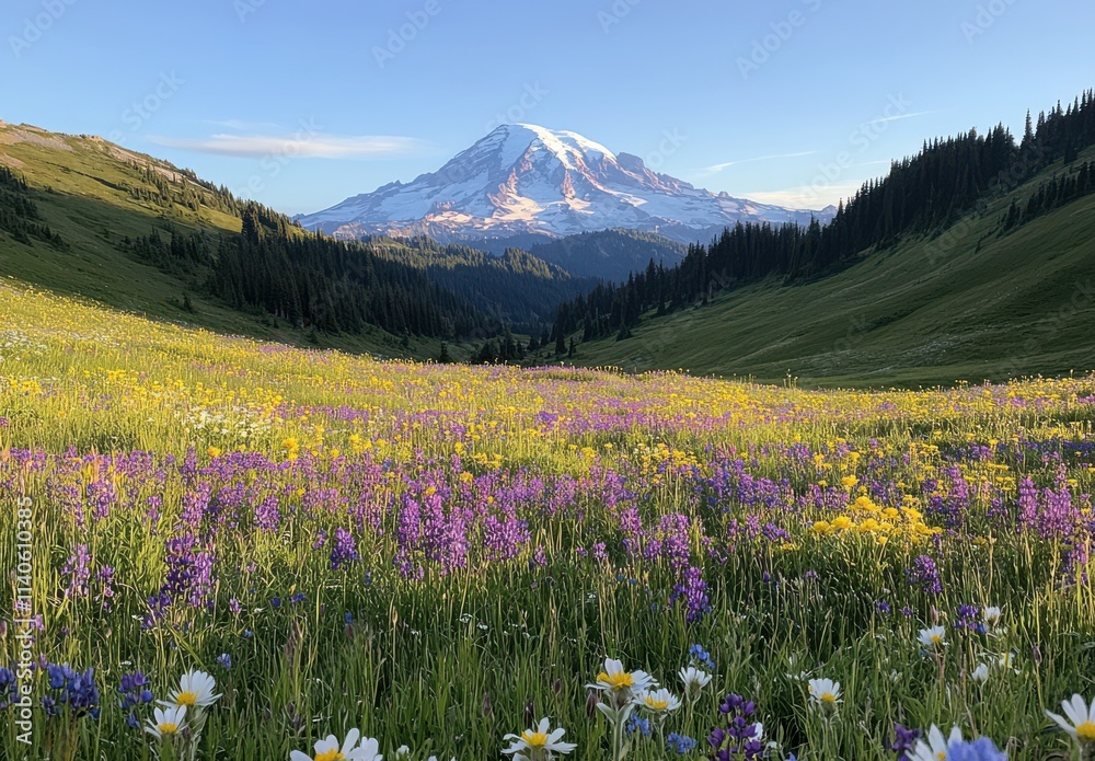 Obraz premium Vibrant Wildflower Meadow Under Mount Rainier with Clear Blue Sky and Lush Green Hills, Captured During Beautiful Day in Spring or Summer Season