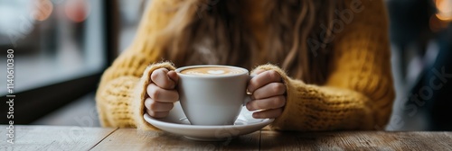 Soft hands cradle a warm cup of coffee in a comforting atmosphere. photo