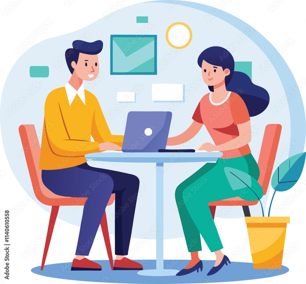 Partners meeting for business discussion with documents and laptop on desk. Couple at round table, speaking, discussing work, partnership. Flat vector on a white background Partners meeting for business discussion with documents and laptop on desk. Couple at round table, speaking, discussing work, partnership. Flat vector on a white background