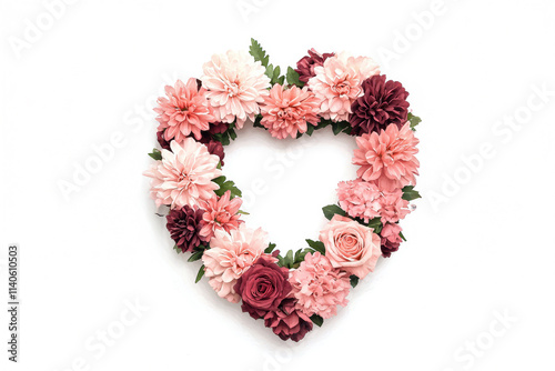 A heart-shaped floral arrangement featuring pink and burgundy flowers with lush greenery, creating a romantic and vibrant display.