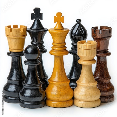 Chess pieces arranged in a strategic formation on a plain background in soft ...