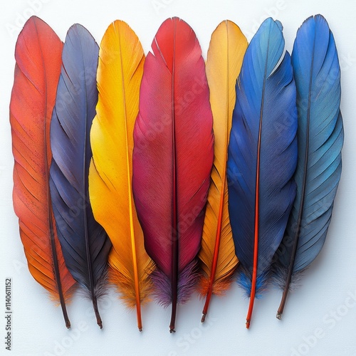 Colorful feathers arranged in a row showcasing natural beauty and variety of ...