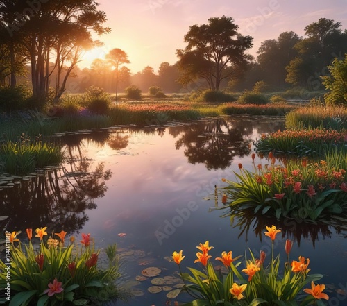 Serene Bosherston Lily Ponds landscape at sunset, serene landscapes, bosherston lily ponds photo