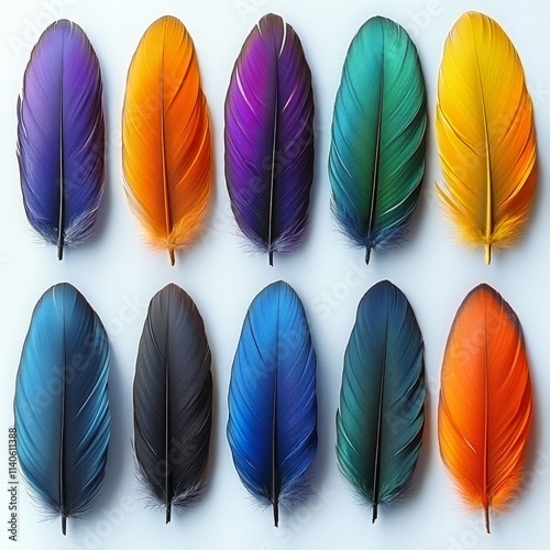Colorful feathers arranged in a row showcasing natural beauty and variety of ...