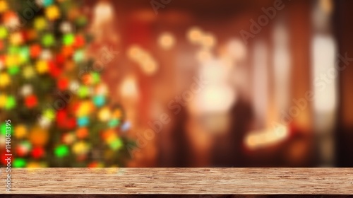 empty wooden table with blur Christmas background