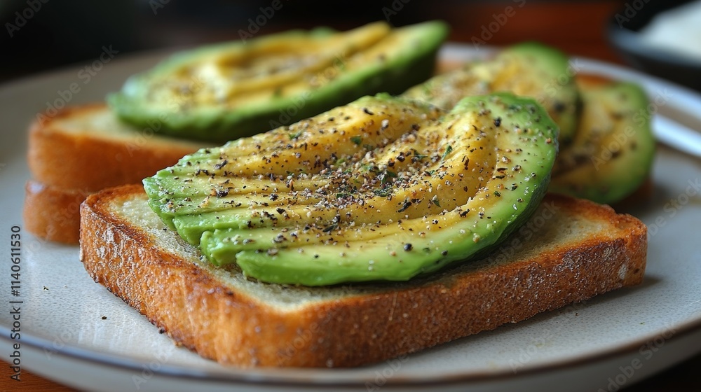 Slices of avocado with salt and pepper resting on toasted bread Slices of avocado with salt and pepper resting on toasted bread