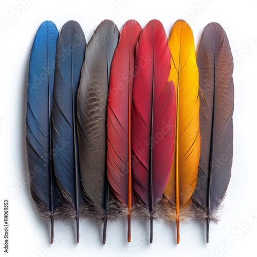 Colorful feathers arranged in a row showcasing natural beauty and variety of ...