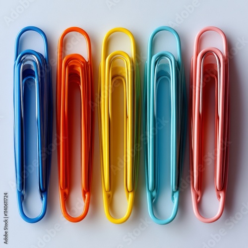 Colorful paper clips arranged in a row on a plain background for organization...