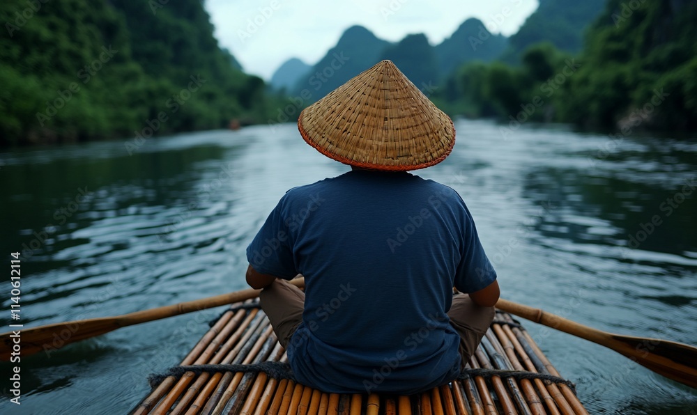 Man in conical hat rows bamboo raft on calm river, scenic mountains background. Man in conical hat rows bamboo raft on calm river, scenic mountains background.