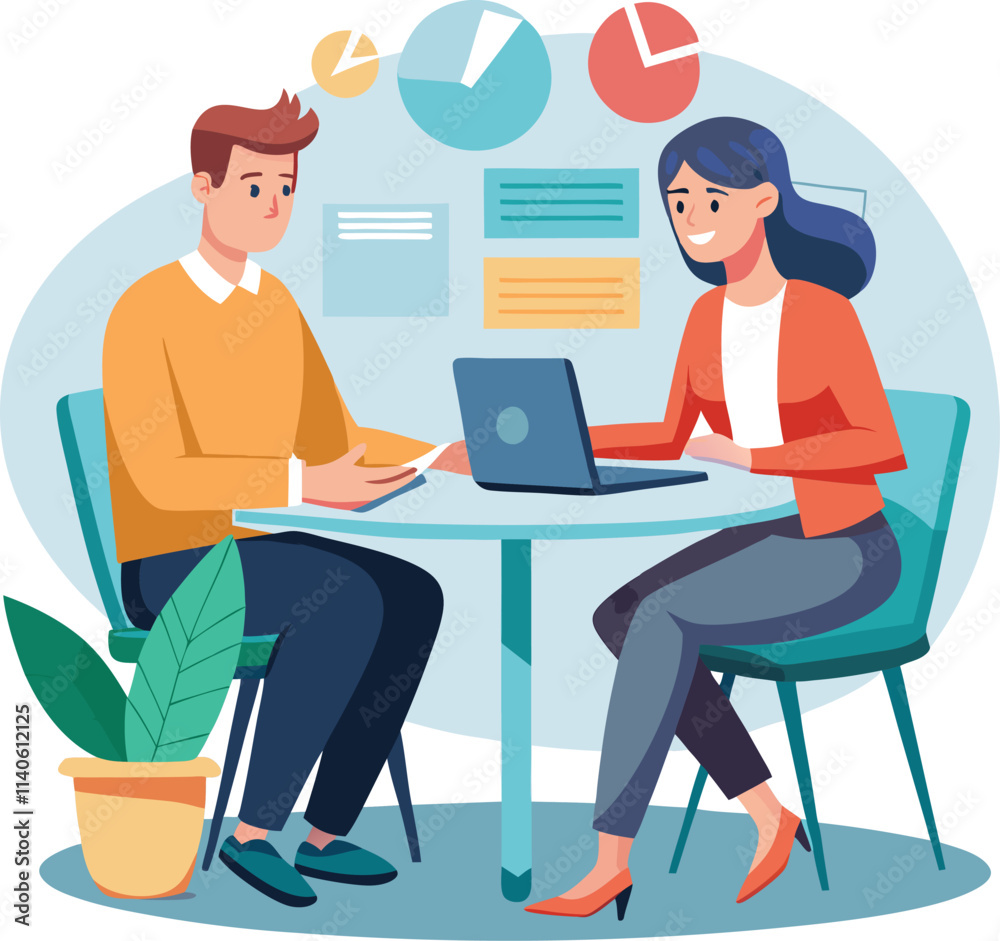 Partners meeting for business discussion with documents and laptop on desk. Couple at round table, speaking, discussing work, partnership. Flat vector on a white background Partners meeting for business discussion with documents and laptop on desk. Couple at round table, speaking, discussing work, partnership. Flat vector on a white background
