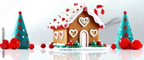 Photo of a gingerbread house with a heart-shaped window, surrounded by two Christmas trees, one decorated with red and green ornaments and the other with red and white polka dots, snow on the ground, 