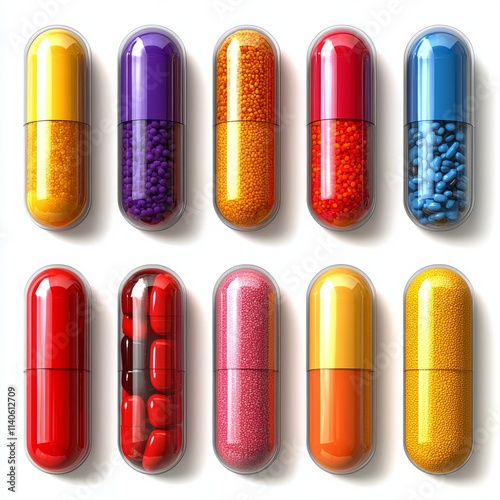 Colorful capsules arranged in a creative pattern with various shapes and sizes