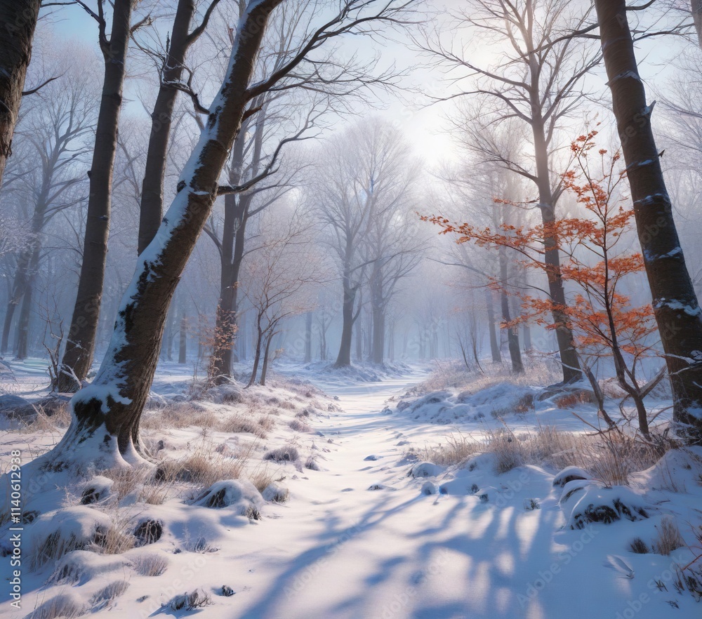 Snowy forest with frosty trees and bare branches , frozen lakes, serene environment Snowy forest with frosty trees and bare branches , frozen lakes, serene environment