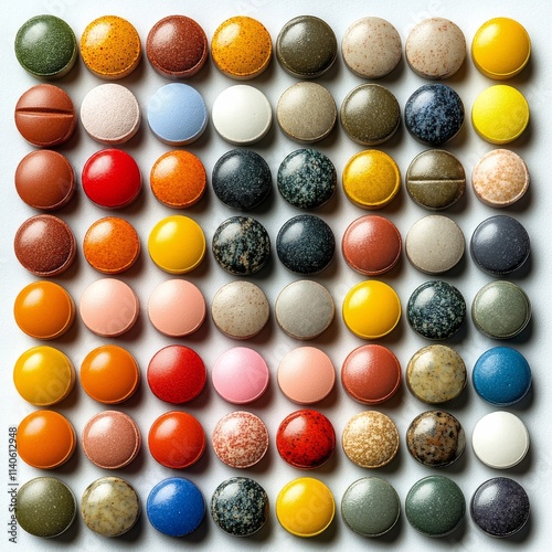 Colorful capsules arranged in a creative pattern with various shapes and sizes
