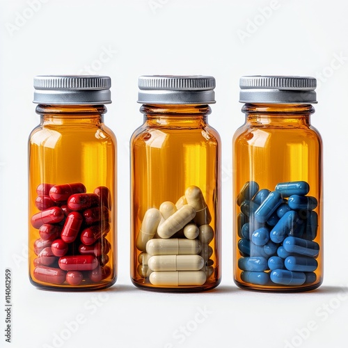 Colorful capsules in clear bottles arranged on a light surface for health sup...
