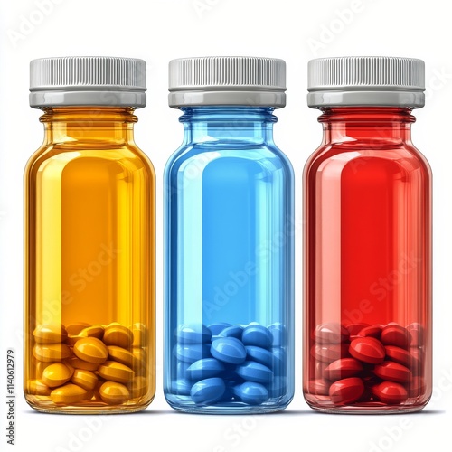 Colorful capsules in clear bottles arranged on a light surface for health sup...
