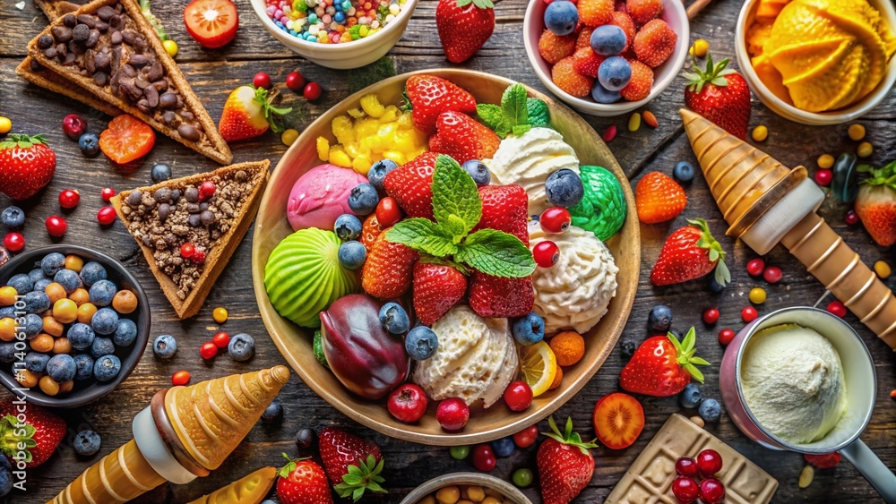 Panoramic Ice Cream Topping Extravaganza: A Delicious Visual Feast of Sweet Treats Panoramic Ice Cream Topping Extravaganza: A Delicious Visual Feast of Sweet Treats
