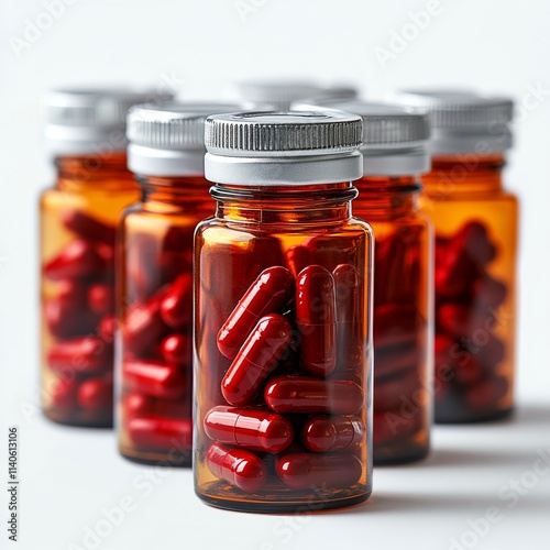 Colorful capsules in clear bottles arranged on a light surface for health sup...