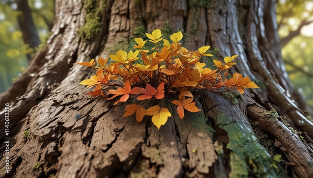 Tiny leaves unfolding from the surface of a large tree trunk, forest, tree on tree Tiny leaves unfolding from the surface of a large tree trunk, forest, tree on tree
