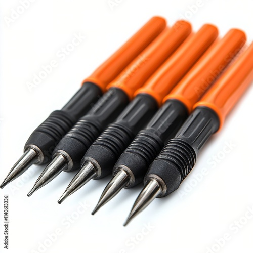 Collection of five orange and black retractable pens arranged in a row on a w...