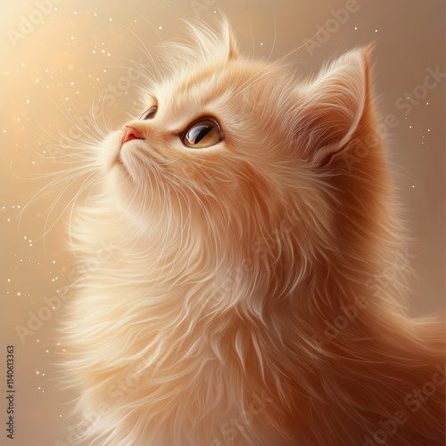 A close-up of a Persian cat with a flat face, its large, expressive eyes and detailed fur texture highlighted under warm ambient lighting, soft and neutral blurred background for focus photo