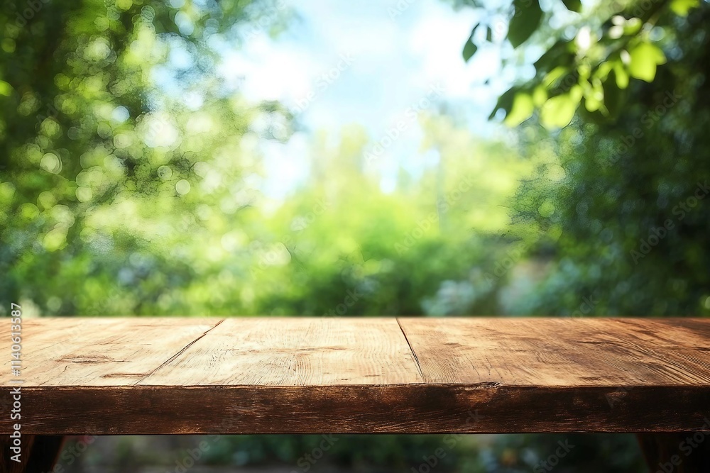 Empty wooden deck table with foliage bokeh background. Ready for product display montage. Empty wooden deck table with foliage bokeh background. Ready for product display montage.