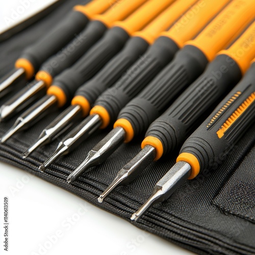 Collection of five orange and black retractable pens arranged in a row on a w...