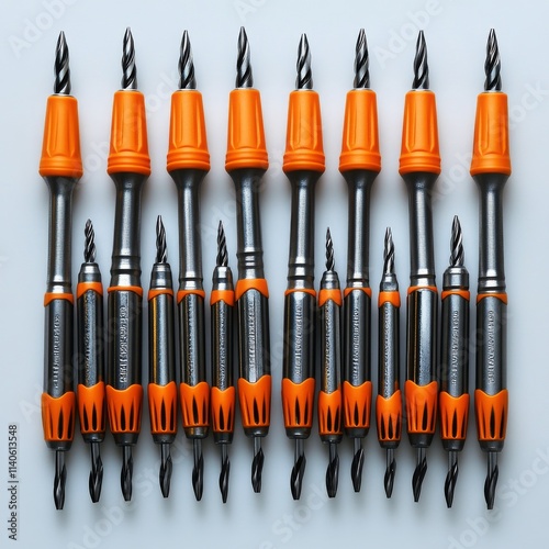 Collection of five orange and black retractable pens arranged in a row on a w...