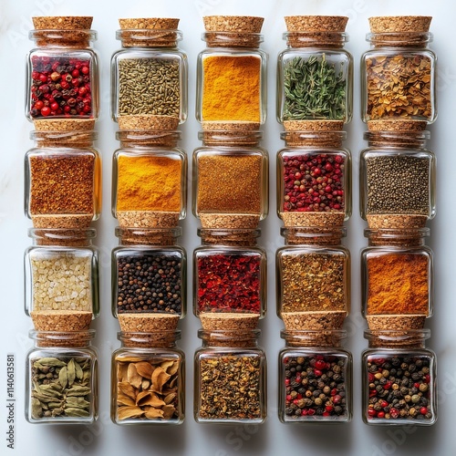 Colorful selection of spices arranged in jars on a light surface for culinary...