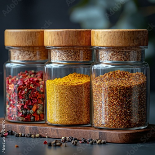 Colorful selection of spices arranged in jars on a light surface for culinary...