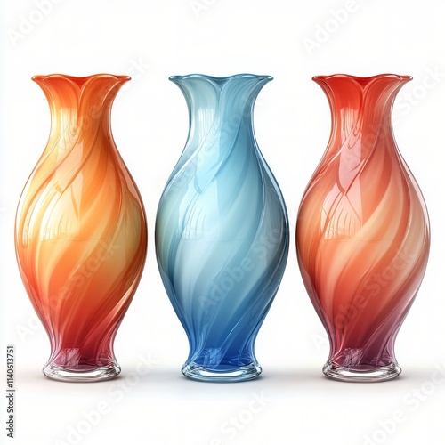 Decorative vases in gradient colors with mountain landscape design on display