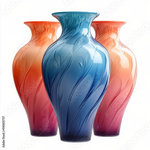 Decorative vases in gradient colors with mountain landscape design on display