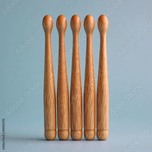 Unique wooden rolling pins arranged in a row on a light blue background