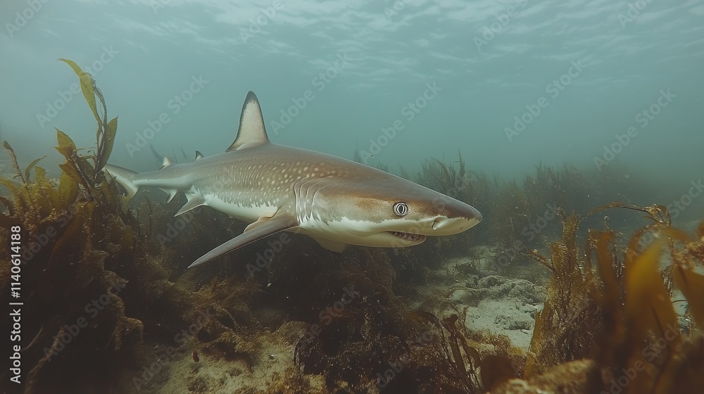 Naklejka premium Shark swims through underwater kelp forest in clear blue ocean waters near coastline
