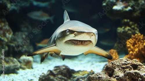 Shark swims through underwater kelp forest in clear blue ocean waters near co...